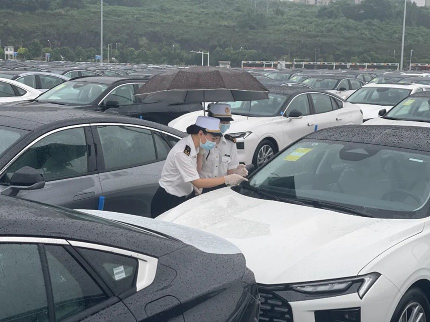 重慶海關(guān)所屬兩路寸灘海關(guān)關(guān)員做好汛期出貨保障。重慶海關(guān)供圖