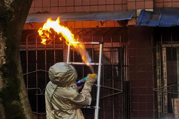 消防員清理住戶窗外的馬蜂窩。兩江新區(qū)消防救援支隊供圖