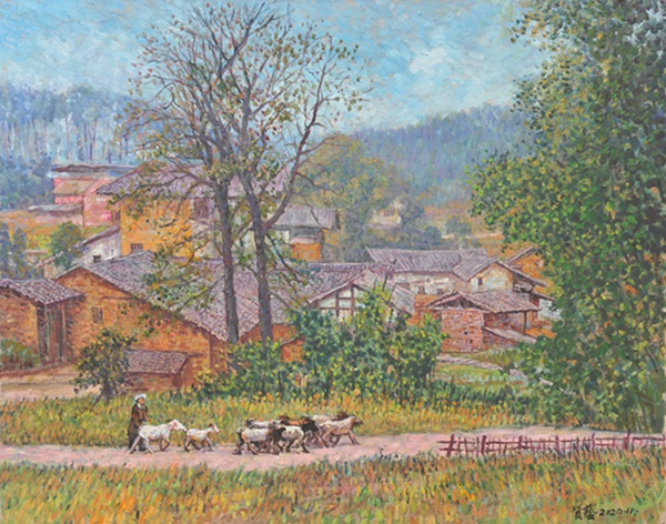 楊賢藝創(chuàng)作的油畫作品《大順泡桐樹民居》。王琦美術(shù)博物館供圖