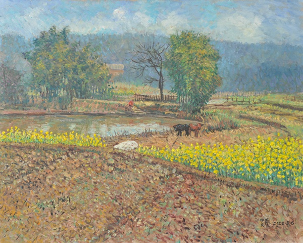 楊賢藝創(chuàng)作的油畫作品《藺市五馬小景》。王琦美術(shù)博物館供圖