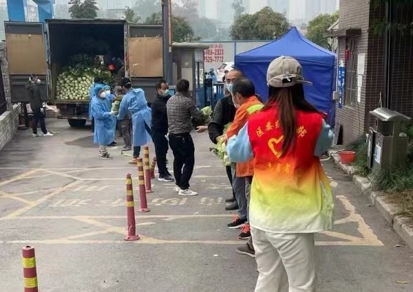 志愿者與居民有序接運剛到的蔬菜。巴南區(qū)委統(tǒng)戰(zhàn)部供圖