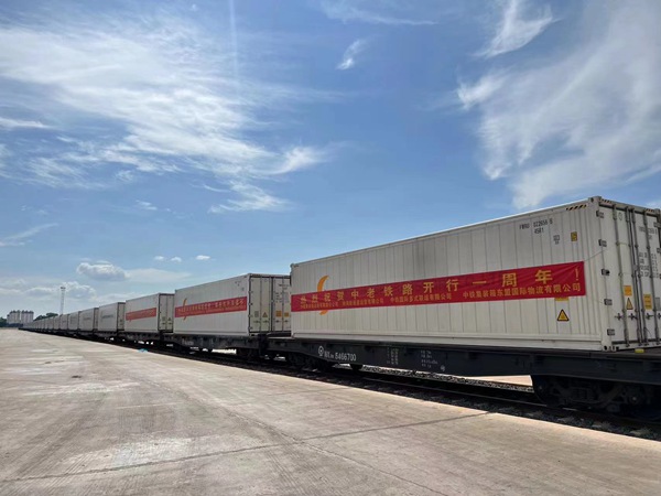 中老鐵路內(nèi)陸首趟冷鏈水果專列抵達重慶。黃振源攝