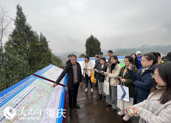采訪團(tuán)了解大足石刻站建設(shè)情況。人民網(wǎng) 胡虹攝