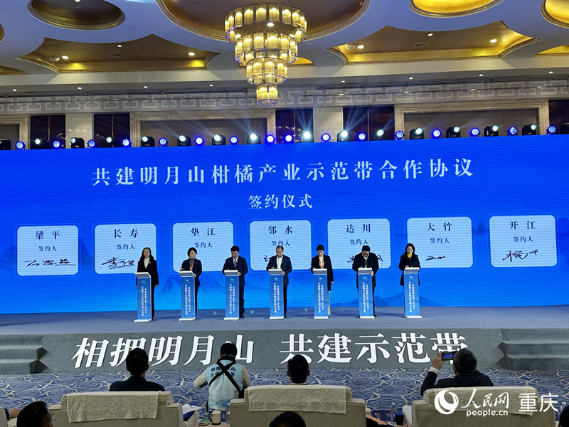 川渝七區(qū)縣政府簽訂《共建明月山柑橘產(chǎn)業(yè)示范帶合作協(xié)議》。人民網(wǎng)記者 劉政寧攝