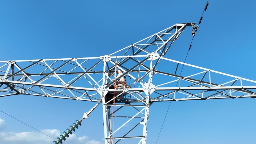 運(yùn)維人員正將鳥(niǎo)巢固定在鐵塔上。張弛攝