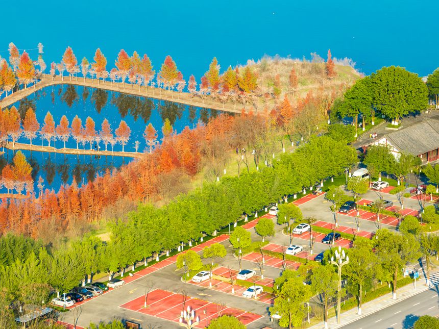 開州區(qū)文峰街道，環(huán)境優(yōu)美又方便實(shí)用的濱湖停車場。王曉宇攝