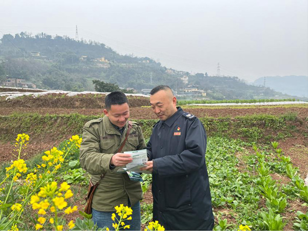 春耕時節(jié)，巴南區(qū)稅務(wù)人員走訪農(nóng)業(yè)合作社，發(fā)放稅費政策宣傳手冊，面對面答疑解惑。蒙賽攝