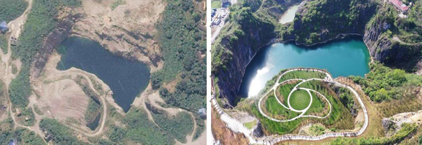 銅鑼山礦區(qū)生態(tài)修復(fù)前（左）后（右）對(duì)比（資料圖）。渝北區(qū)規(guī)劃和自然資源局供圖