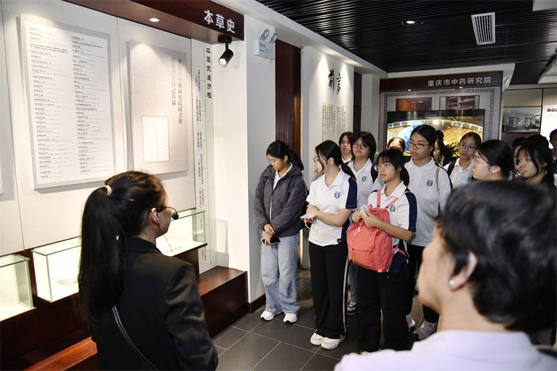 10月28日，30名來自新加坡的師生走進重慶市中藥博物館參觀見學，圖為師生們正在聆聽講解。唐志勇攝 