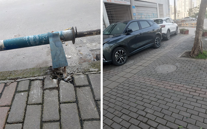 隔離欄桿破損后，導(dǎo)致機(jī)動(dòng)車駛上人行道。網(wǎng)友供圖