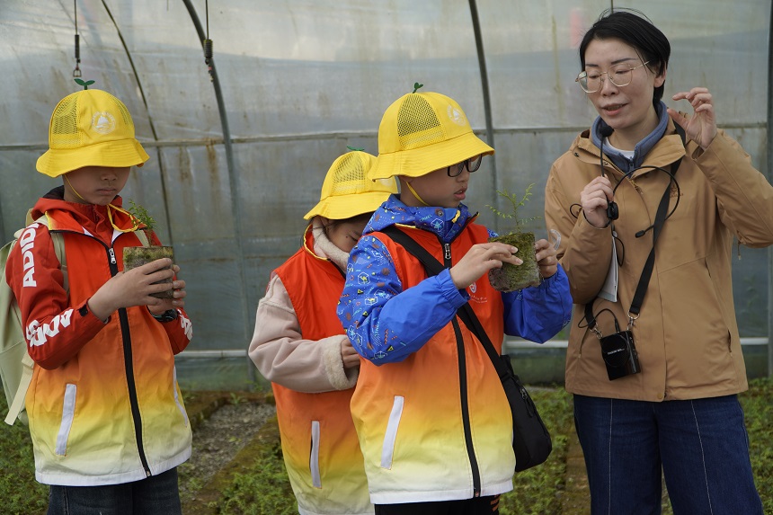 周李萍為小學(xué)生們講述崖柏的“重生”故事。受訪(fǎng)者供圖
