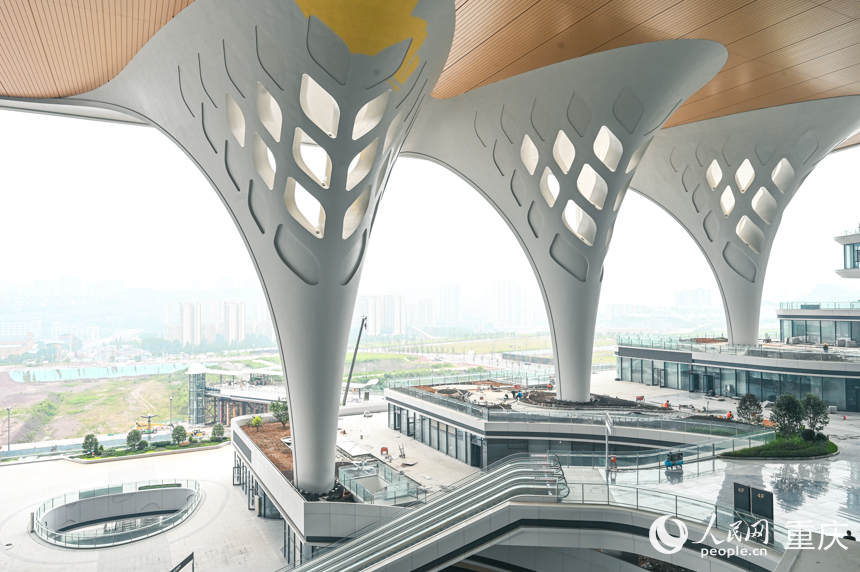 重慶東站站房東西主入口，40根樹型柱呈現(xiàn)出重慶市樹黃桷樹堅韌挺拔的姿態(tài)。人民網 鄒樂攝