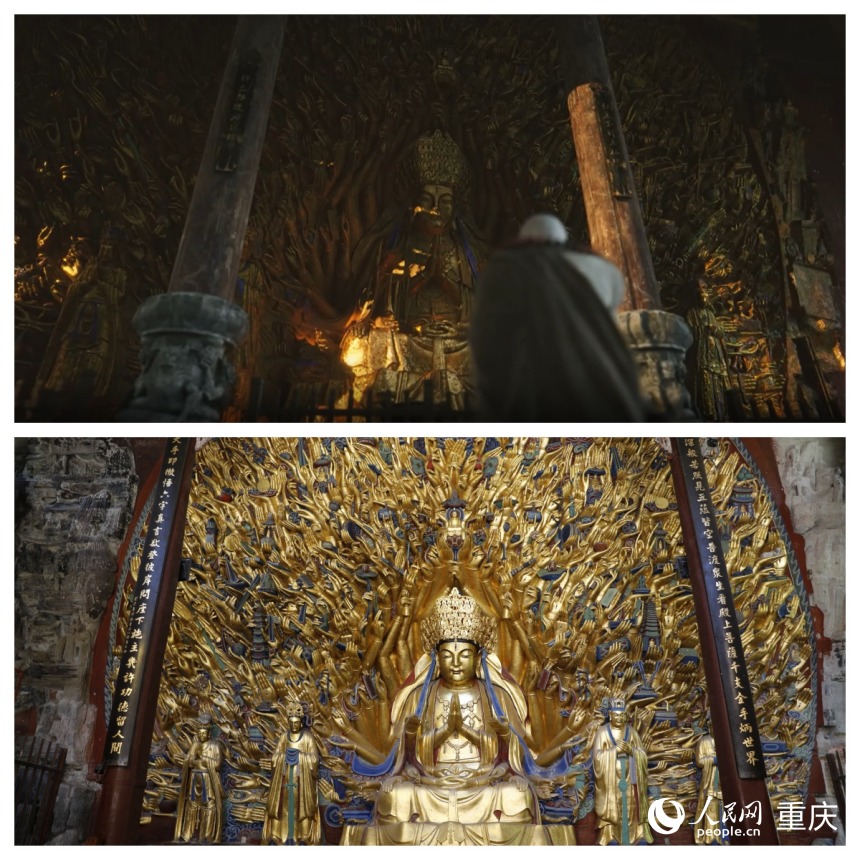 上圖為《黑神話：悟空》游戲截圖，下圖為現(xiàn)實中的千手觀音。人民網(wǎng) 曹欣悅攝