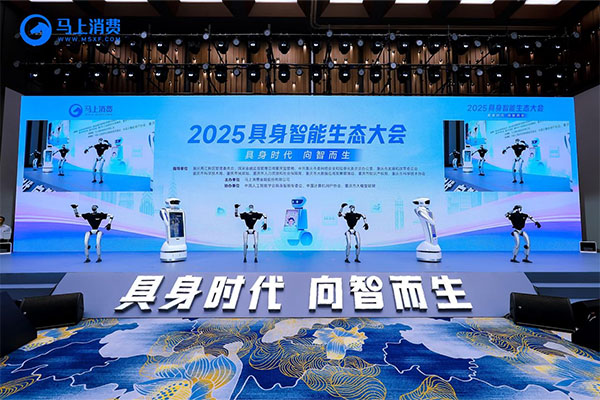 宇樹科技機器人 G1 和馬上消費養(yǎng)老陪護機器人“裴裴”共同帶來的機械舞。馬上消費供圖