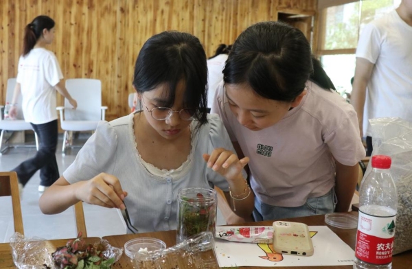 服務團成員引導小朋友親手設計生態(tài)瓶布局。重慶師范大學供圖