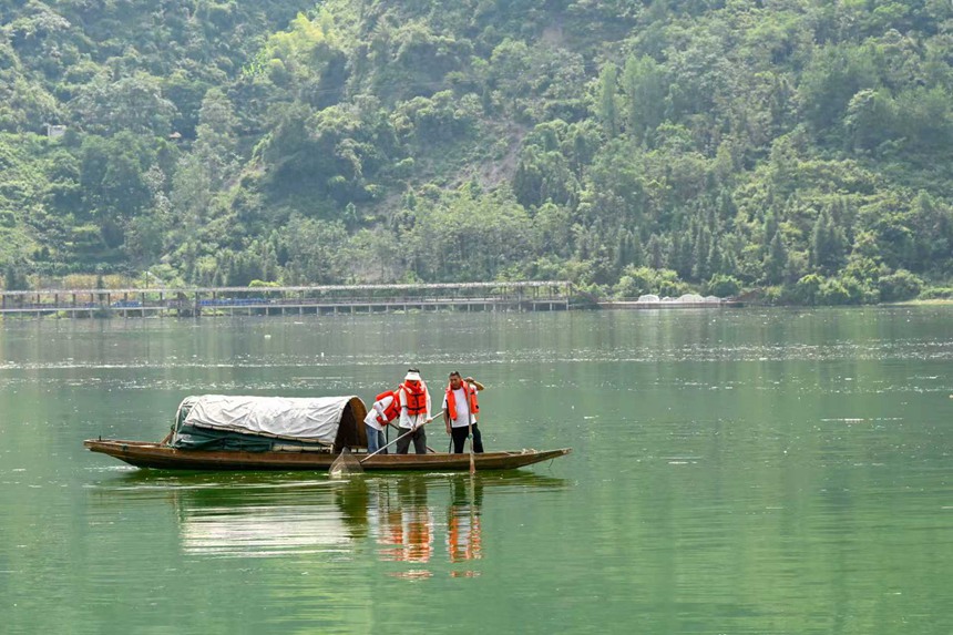 “河小青”志愿者們正在酉水河清漂。邱洪斌攝
