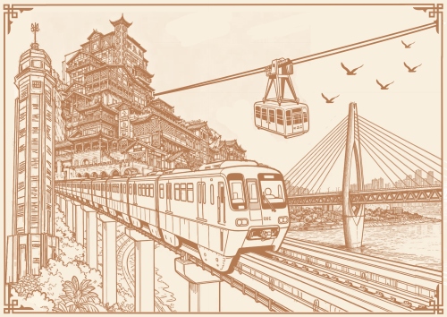 重慶旅游職業(yè)學(xué)院李沙的繪畫作品《索道連兩岸，輕軌繞山城》。主辦方供圖