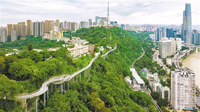 10月21日，渝中區(qū)半山崖線，懸空步道蜿蜒盤旋在山壁間（無人機照片）。記者 尹詩語 攝/視覺重慶