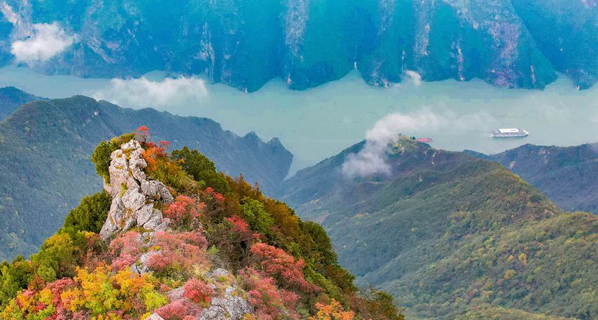 2025年11月4日，巫山縣長江巫峽兩岸層林盡染，紅葉似火，船只航行其間，如在畫中。通訊員 馮光倫 攝