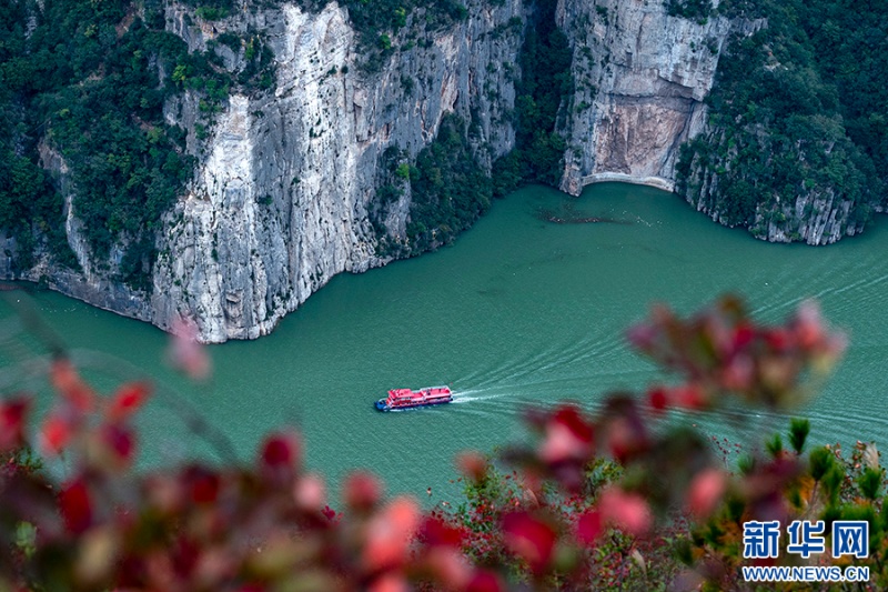 紅葉映江，山隨船動(dòng)，每一片紅葉都藏著秋冬的深情。新華網(wǎng)發(fā)（簡(jiǎn)毅 攝）